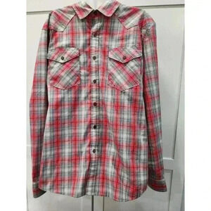 WRANGLER Mens Western Plaid Red & Gray Button Down Long Sleeve Shirt Large